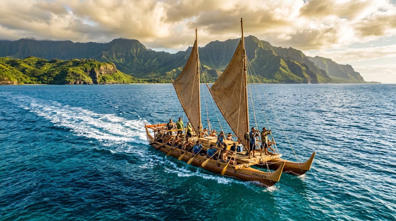 Canoa tradicional polinésia Hokulea com tripulação remando em harmonia no oceano Pacífico sob sol dramático
